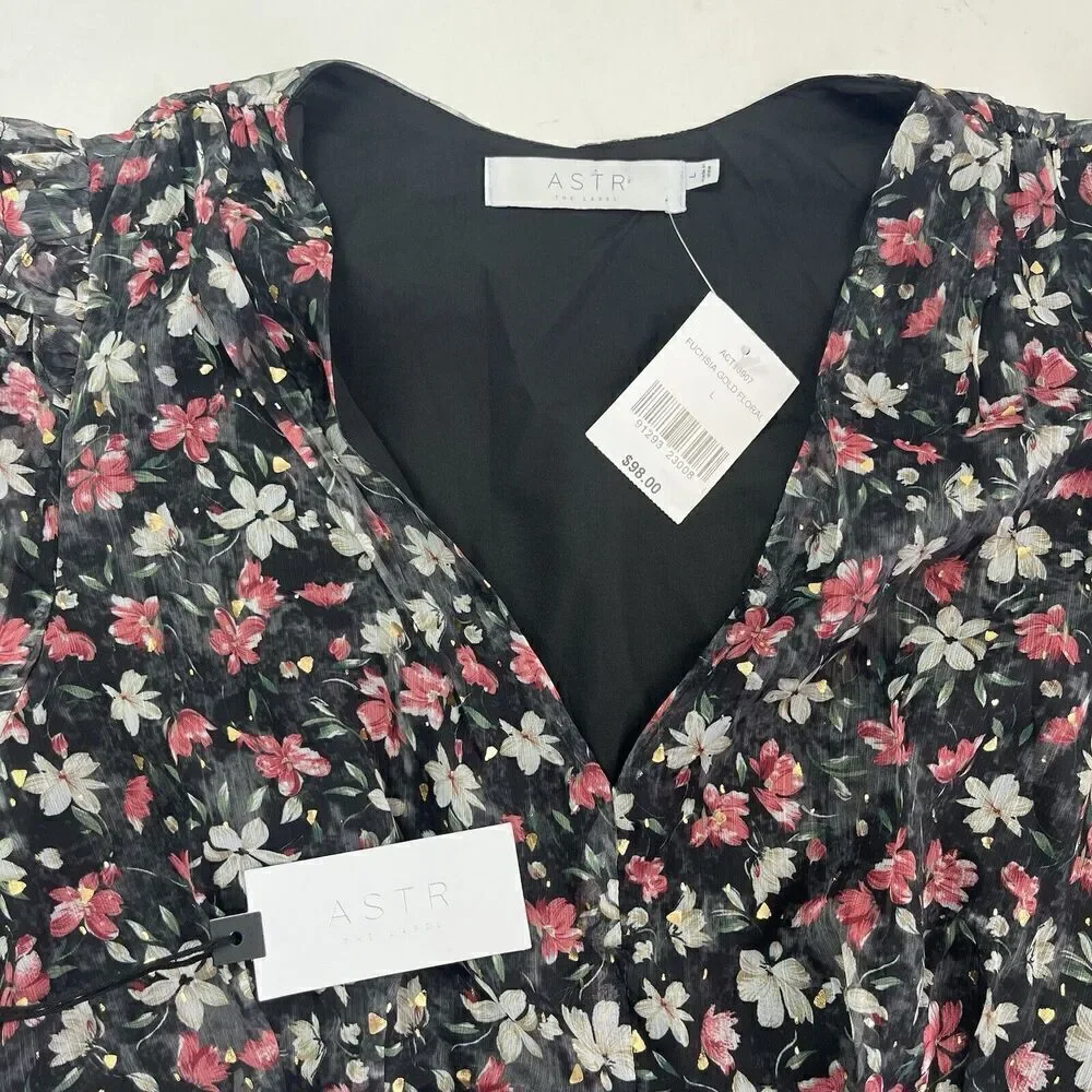 NWT ASTR Floral Top size Large Pink Gold Black glam blouse